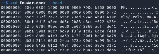 screenshot of xxd command on EmuWar.docx