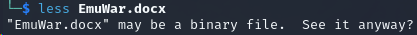 screenshot of less command on EmuWar.docx